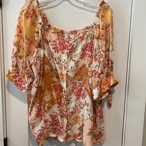 Lauren Conrad Square Neck Button Up Blouse with Tie Sleeves XXL